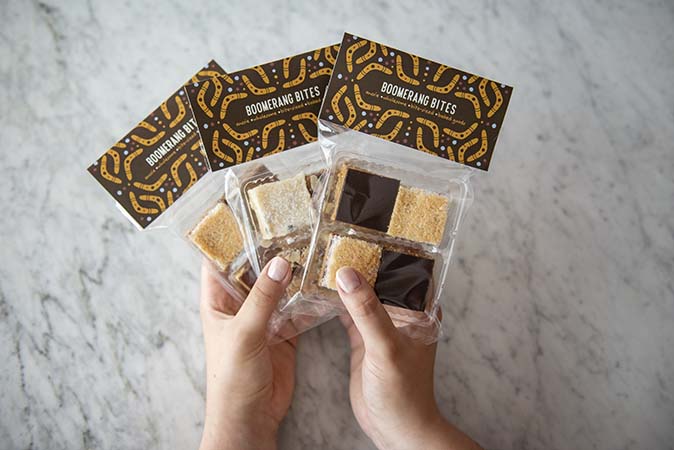 four bite bags of boomerang bites in fully customizable flavors